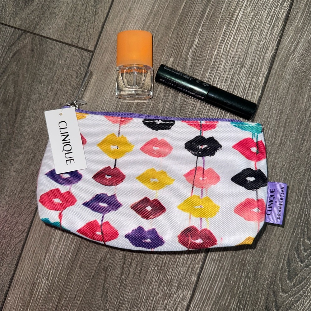 Clinique Multicolor Lip Print Cosmetic Bag with mini perfume and mascara